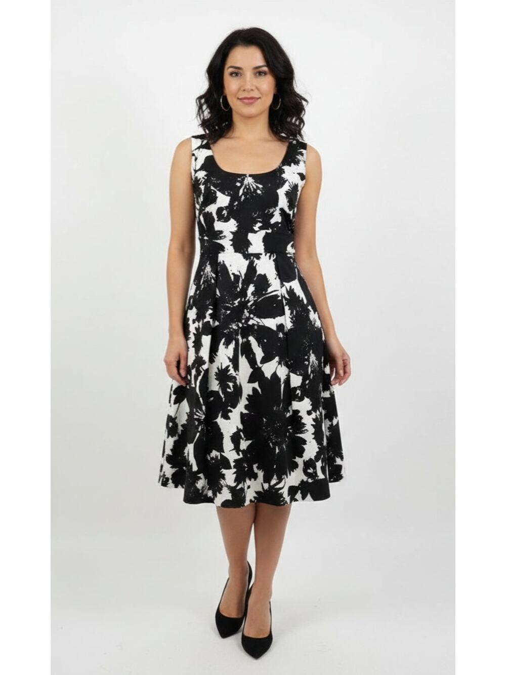 Ann Taylor Black White Floral Sleeveless Pockets Pleated A-Line Dress, Size 2